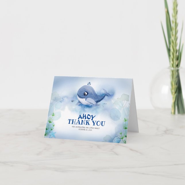 Baby Dusche Little Whale Blue Watercolor Dankeskarte (Vorderseite)