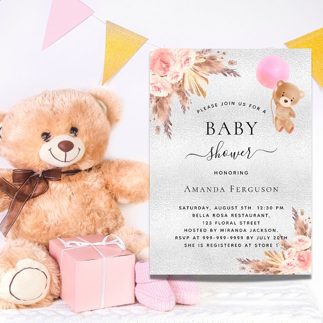 Baby Dusche Mädchen Pampas Gras Teddy Silber Luxus Einladung (Von Creator hochgeladen)