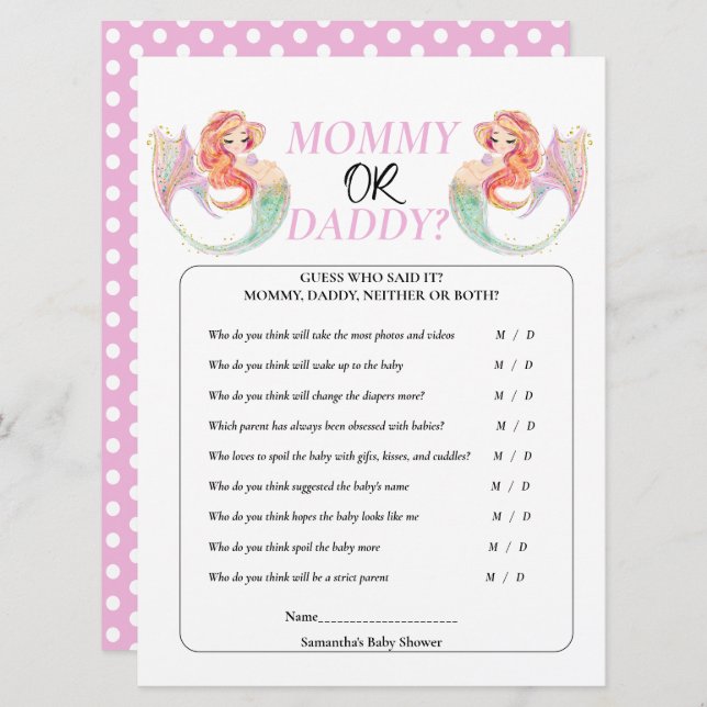 Baby Dusche Meerjungfrau. Mommy oder Daddy Einladung (Vorne/Hinten)