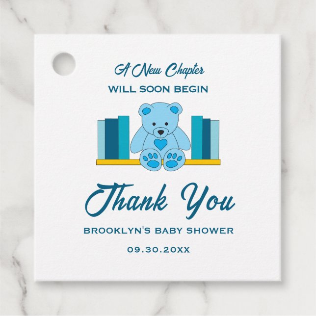 Baby Dusche Neues Kapitel Storybook Blue Teddy Bea Geschenkanhänger (Vorderseite)