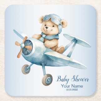 Baby Dusche Niedlich Baby Bear Pilot Blue Airplane Rechteckiger Pappuntersetzer