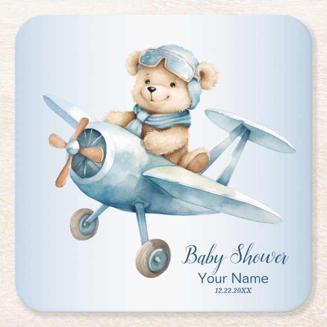 Baby Dusche Niedlich Baby Bear Pilot Blue Airplane Rechteckiger Pappuntersetzer (Vorderseite)