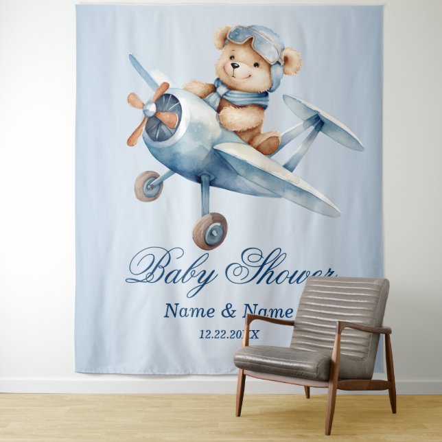 Baby Dusche Niedlich Baby Bear Pilot Blue Airplane Wandteppich (Beispiel)