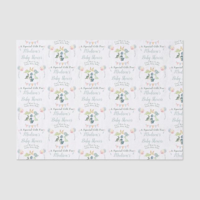 Baby Dusche Niedlich Dinosaur Mama Name Blau Seidenpapier (Vorderseite)