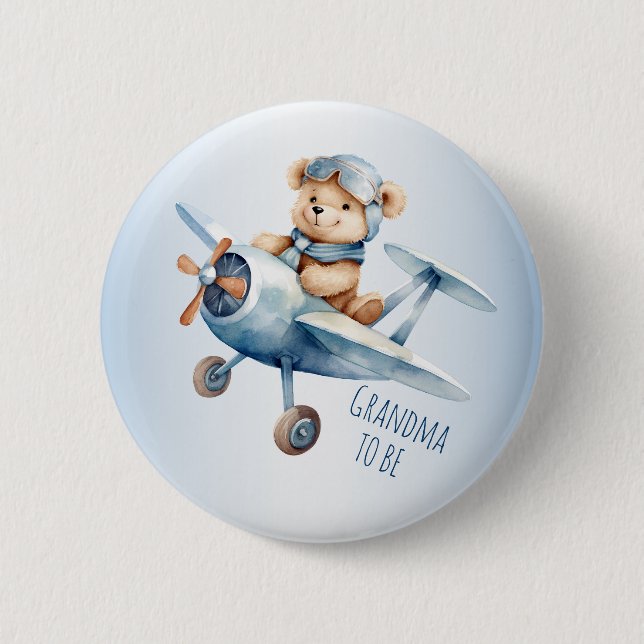 Baby Dusche Party Baby Bear Pilot Blue Airplane Button (Vorderseite)