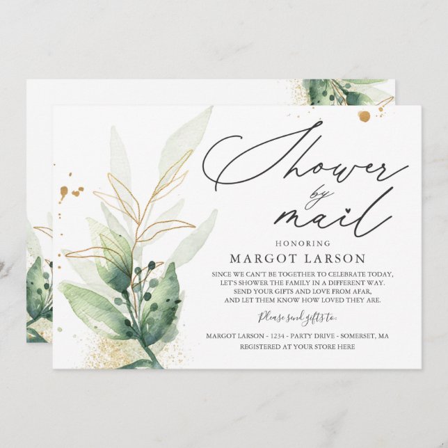 Baby Dusche per Mail Einladung Grüne & Gold (Vorne/Hinten)