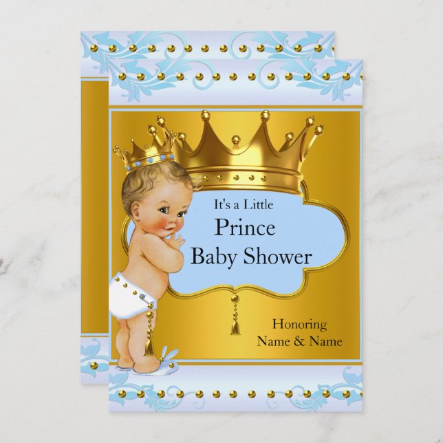 Baby Dusche Prince Boy Blue Gold Crown Blonde Einladung (Vorne/Hinten)