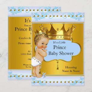 Baby Dusche Prince Boy Blue Gold Crown Blonde Einladung