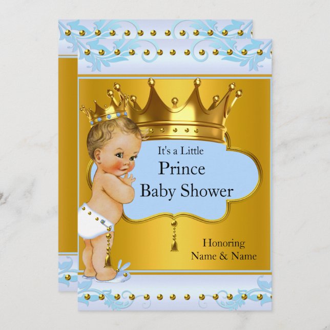 Baby Dusche Prince Boy Blue Gold Crown Blonde Einladung (Vorne/Hinten)