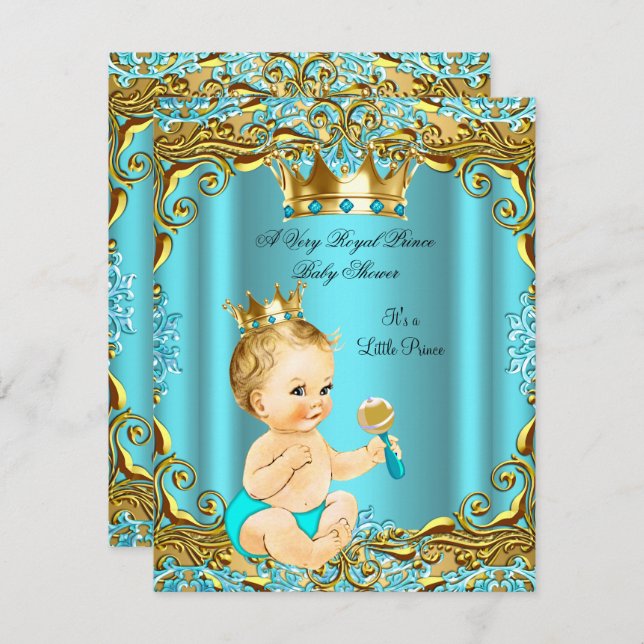 Baby Dusche Prince Gold Aquamarin Aqua Blonde Boy Einladung (Vorne/Hinten)