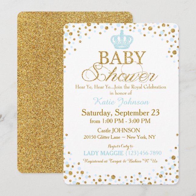 Baby-Dusche Prinz-Gold Glitter Sprinkle Einladung (Vorne/Hinten)