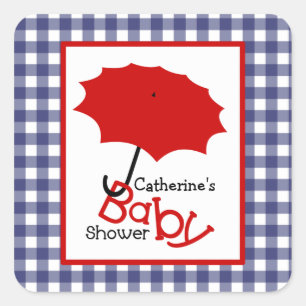 Baby Dusche Red Umbrella & Blue Gingham Quadratischer Aufkleber