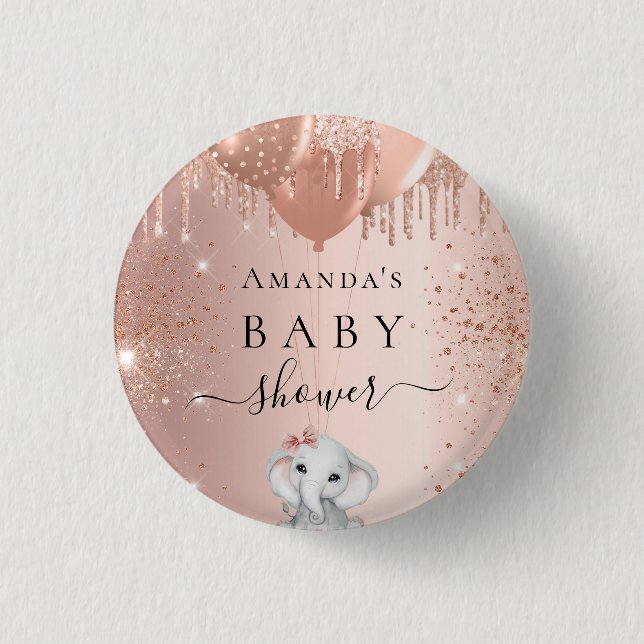 Baby Dusche Rose Gold Glitzer Elefantenballons Button (Vorderseite)