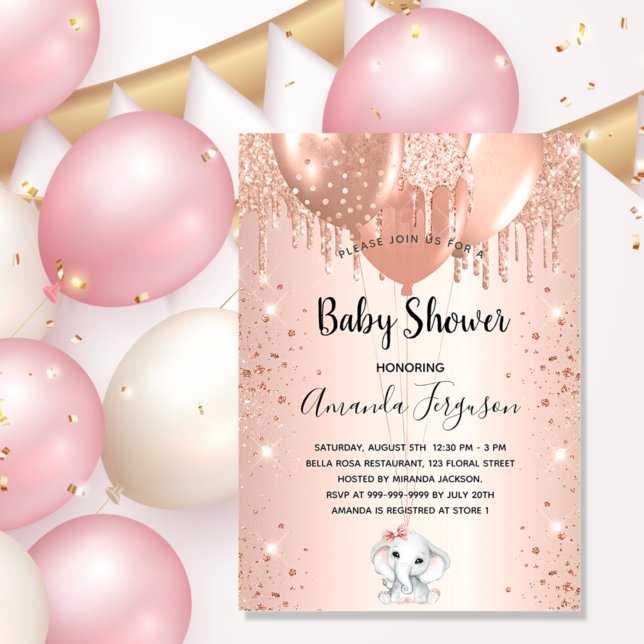 Baby Dusche Rose Gold Glitzer Elefantenballons Einladungspostkarte (Von Creator hochgeladen)
