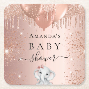 Baby Dusche Rose Gold Glitzer Elefantenballons Rechteckiger Pappuntersetzer