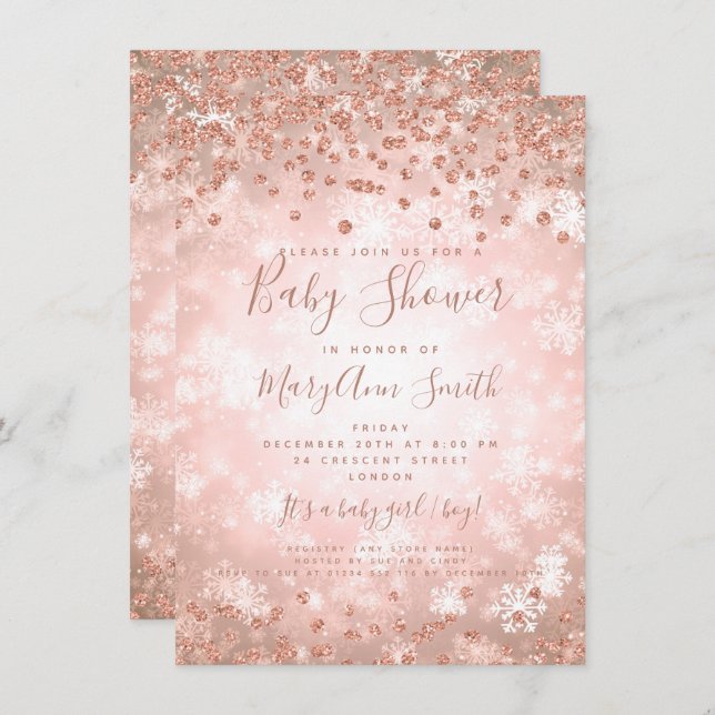 Baby Dusche Rose Gold Glitzer Winter Wonderland Einladung (Vorne/Hinten)