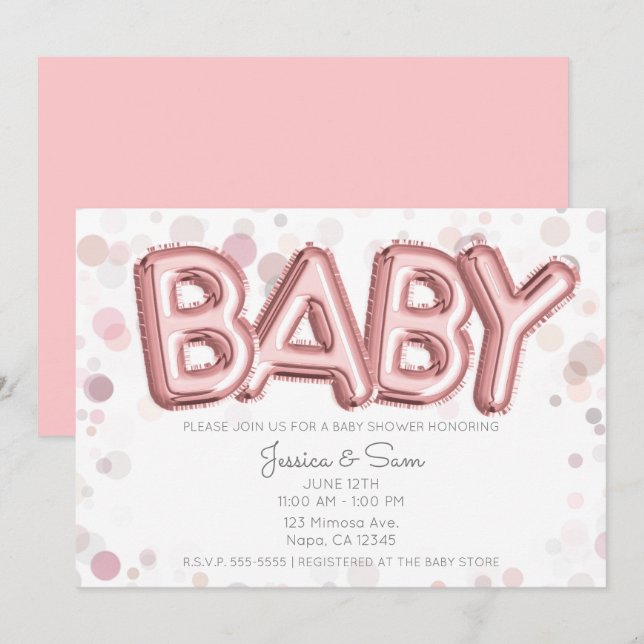 BABY Dusche Rose Gold Pink Balloons Moderne Elegan Einladung (Vorne/Hinten)