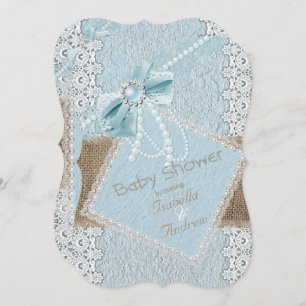 Baby Dusche Rustic Blue Bow Pearl Lace Burlap Einladung