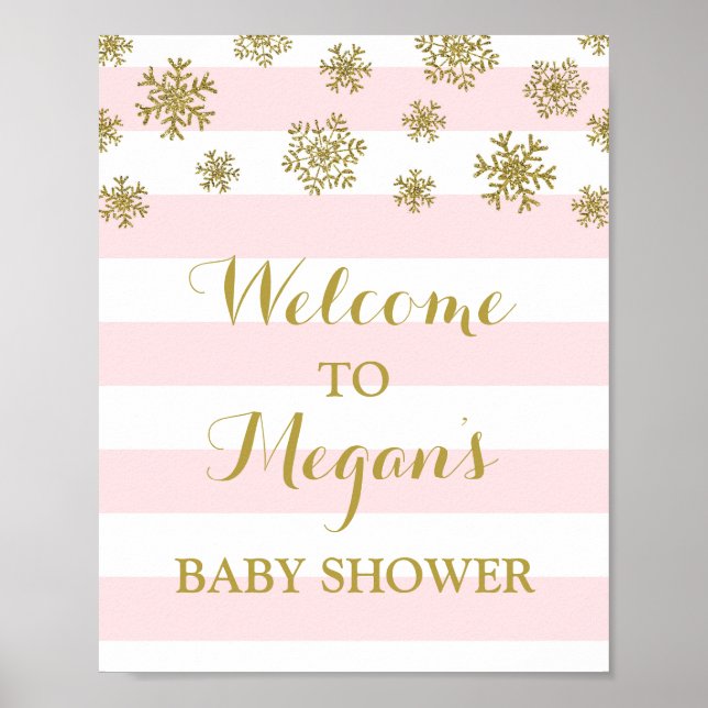 Baby Dusche Schild Pink Streifen Gold Schnee (Vorne)