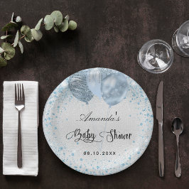 Baby Dusche Silberblauer Glitzer Ballons Pappteller