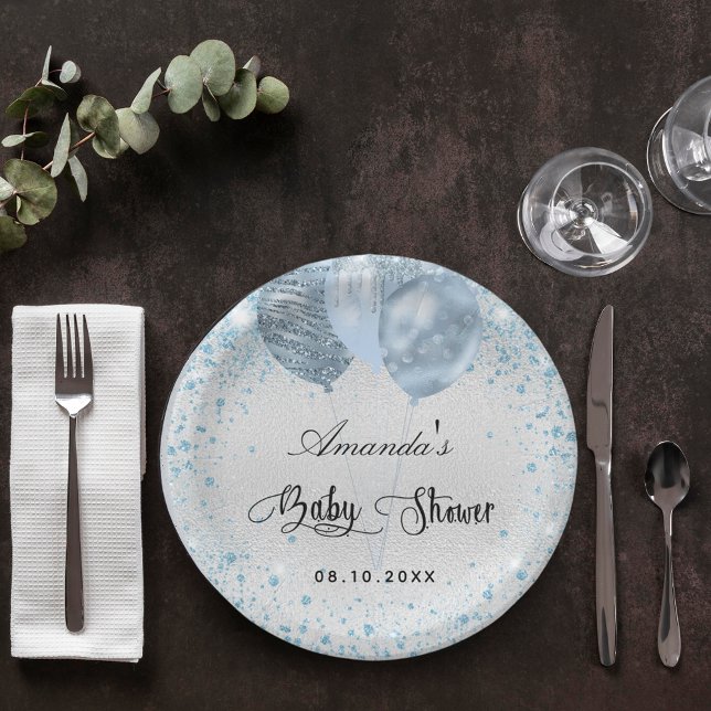 Baby Dusche Silberblauer Glitzer Ballons Pappteller (Von Creator hochgeladen)