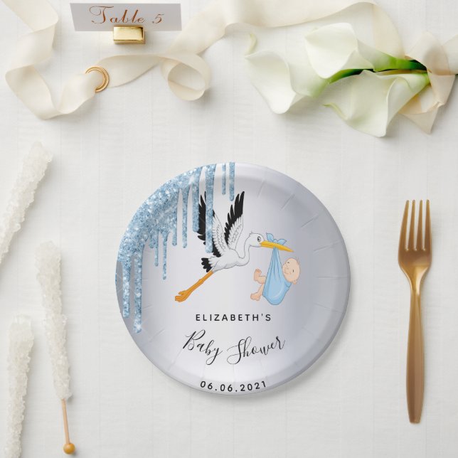 Baby Dusche Silberblauer Storchjunge Pappteller (Hochzeit)