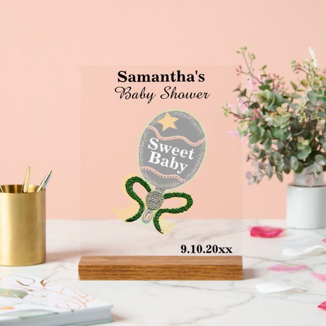 Baby Dusche Silver Yellow Green Rattle Acrylschild (Hochzeit)