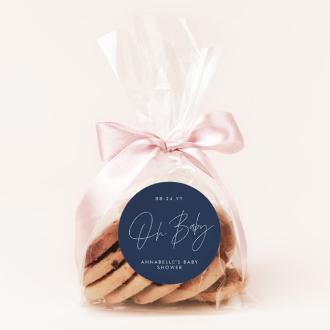 Baby Dusche Skript moderne marineblau elegant Runder Aufkleber (Von Creator hochgeladen)