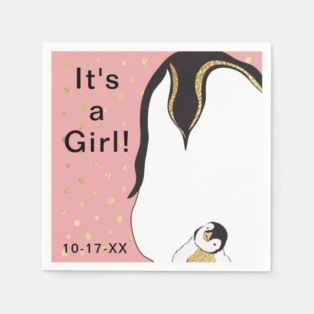 Baby Dusche Standard Napkin "Gold/Pink Penguin" Serviette (Vorderseite)