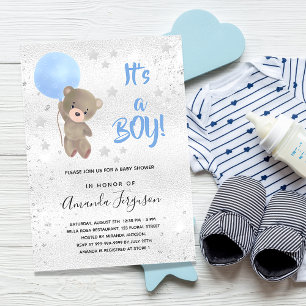 Baby Dusche Tedbear Bärenjunge Blue Silber Star Einladung