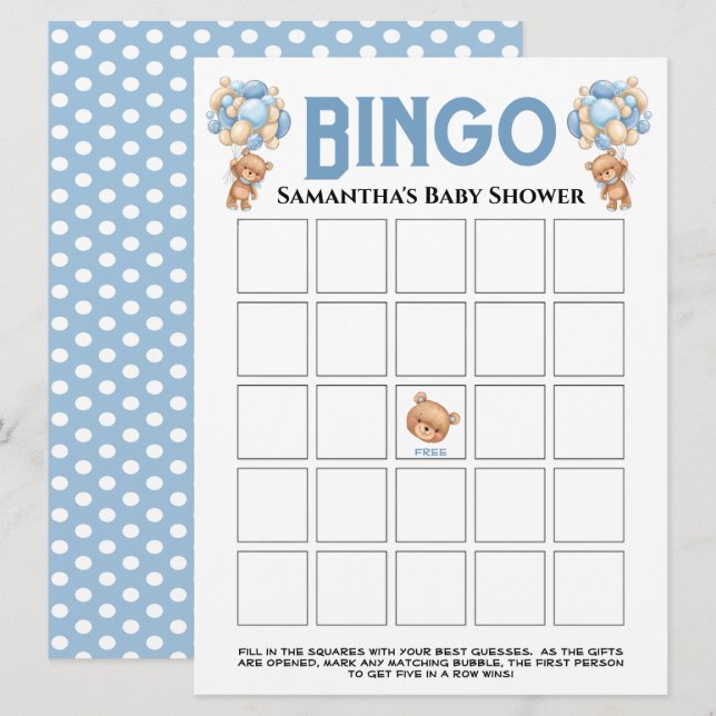 Baby Dusche Teddy Boy Bubbly Blue Bingo Game Einladung (Vorne/Hinten)