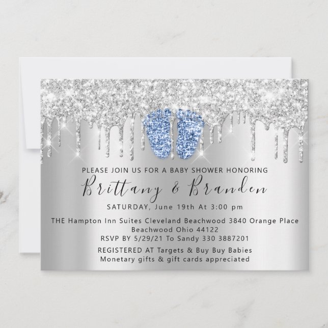 Baby Dusche Tropfen Glitzer Blue Feet Silver Einla Einladung (Vorderseite)