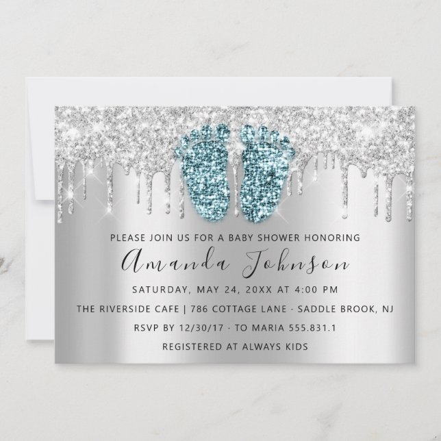 Baby Dusche Tropfen Glitzer Feet Gray Spark Boy Gi Einladung (Vorderseite)