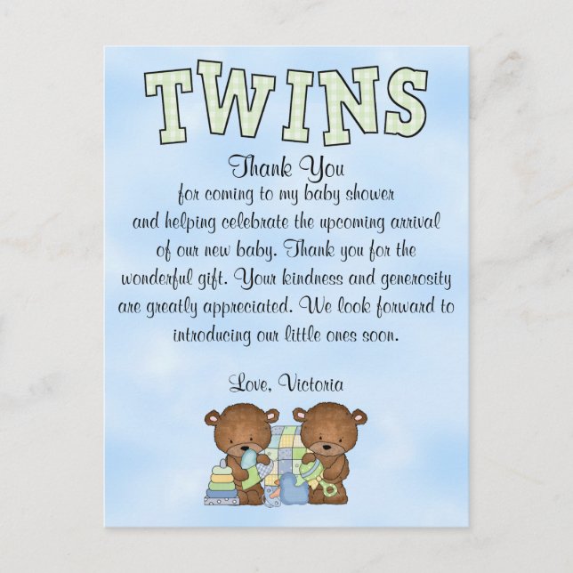 Baby Dusche Twin Boys Teddy Bear Postkarte (Vorderseite)