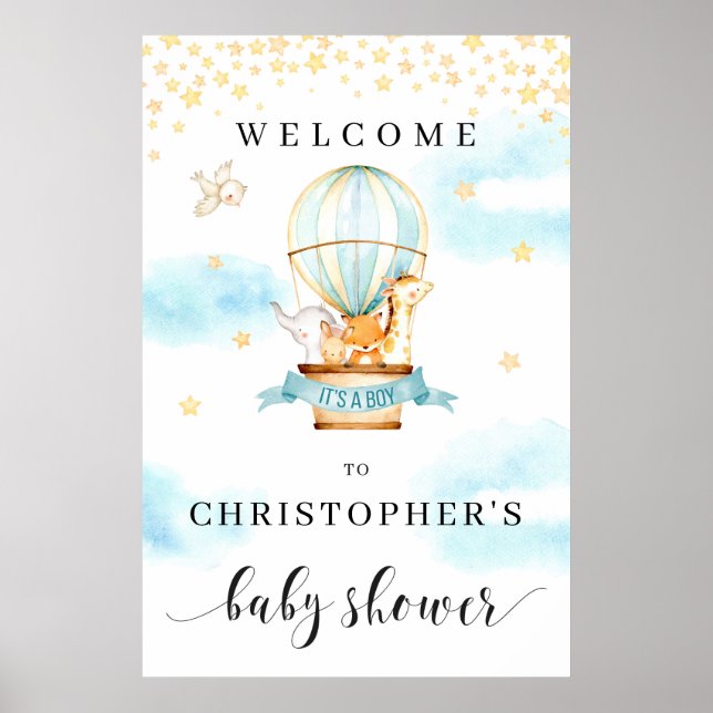 Baby Dusche Willkommensschild Heißluftballon Tiere Poster (Vorne)