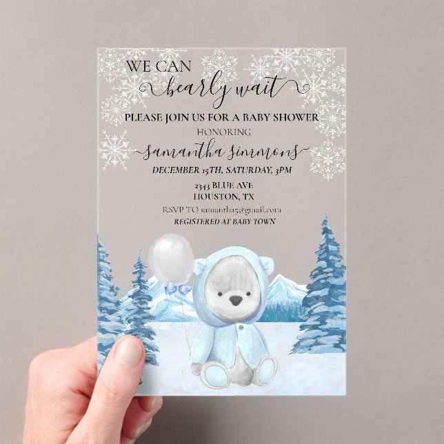 Baby Dusche Winter Teddy Bear Acryleinladungen (Insitu (Handheld))
