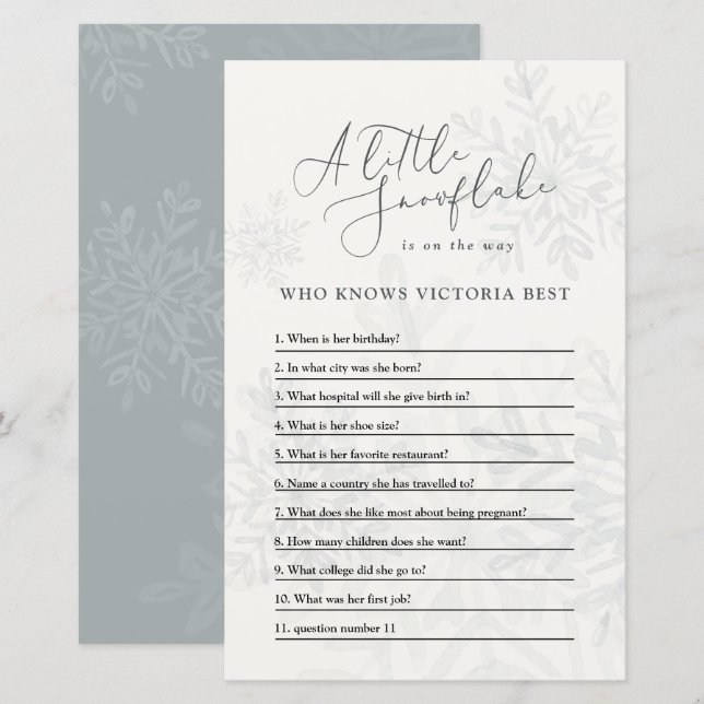 Baby Dusche Winterschneeflocken Quiz geschlechtsne (Vorne/Hinten)