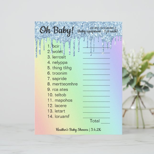 Baby Dusche Word Scramble Game Glitzer Ombre (Stehend Vorderseite)