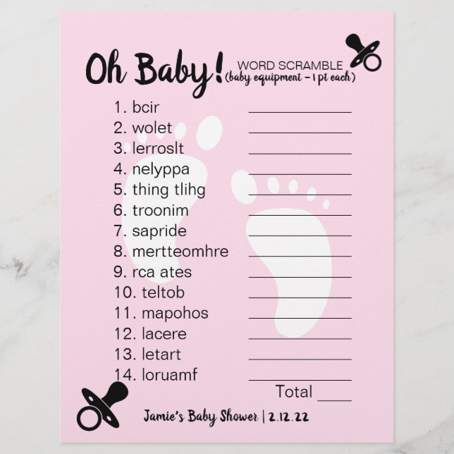 Baby Dusche Word Scramble Pink (Vorderseite)