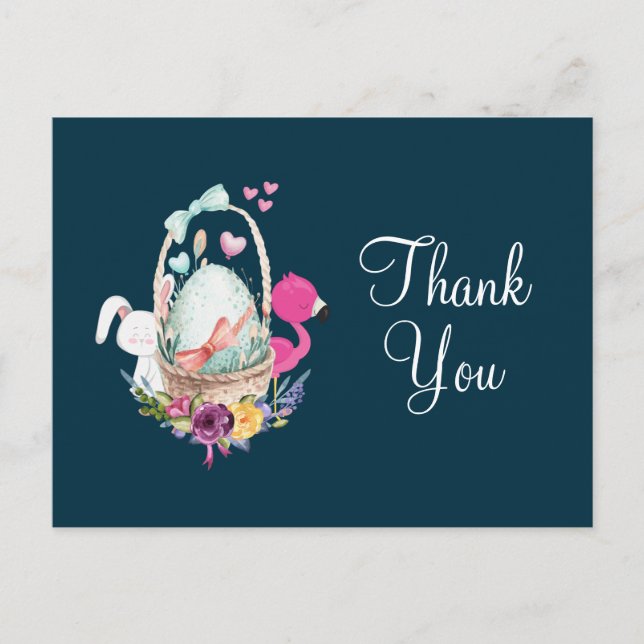 Baby Duscheier, Flaingo & Bunny Party Danke Postkarte (Vorderseite)