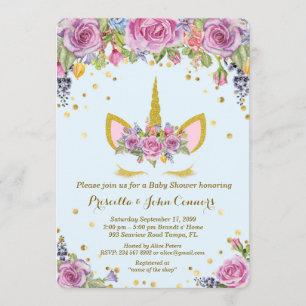 Baby-Duschen-Junge Unicorm Einladung, Blumen, blau Einladung