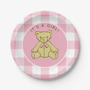 Baby-Duschen-Mädchen-Bär mit rosa Büffel-Karo Pappteller
