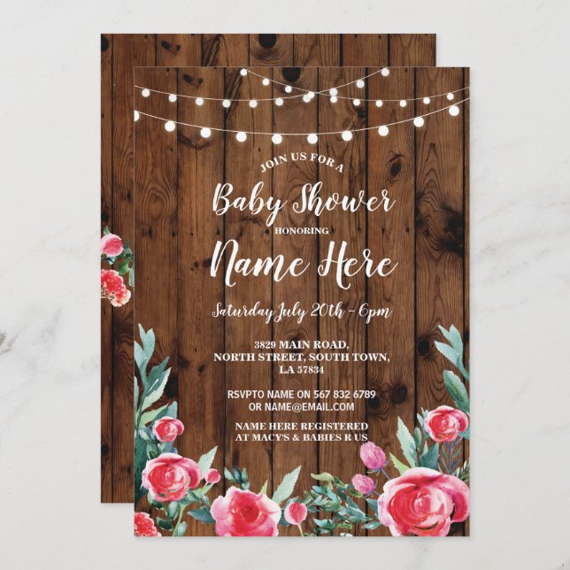 Baby-Duschen-Party-Rosen-Blumenholz lädt ein Einladung (Vorne/Hinten)