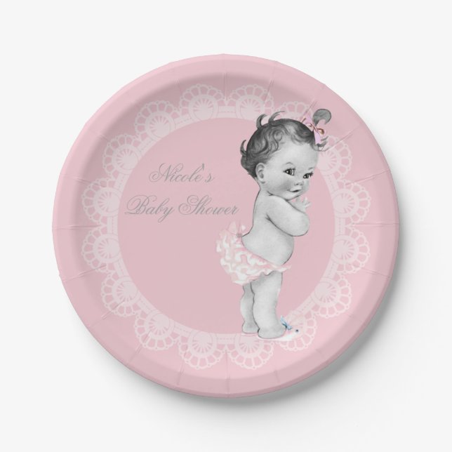 Baby-Duschen-Pastellrosa-rustikales Vintages Pappteller (Vorderseite)