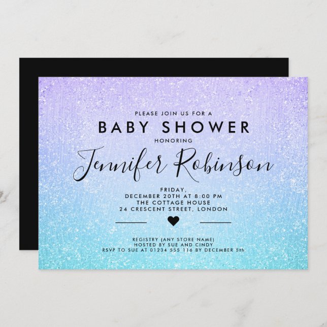 Baby-Duschen-Türkis-lila Glitzer-Farbe Einladung (Vorne/Hinten)