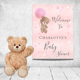 Baby Duschmädchen Teddy Bär pink Silber Empfang Poster