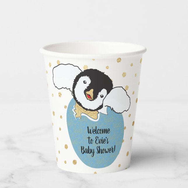 Baby Duschpapier Tassen "Gold/Blue Pinguin" 8 oz. Pappbecher (Vorderseite)