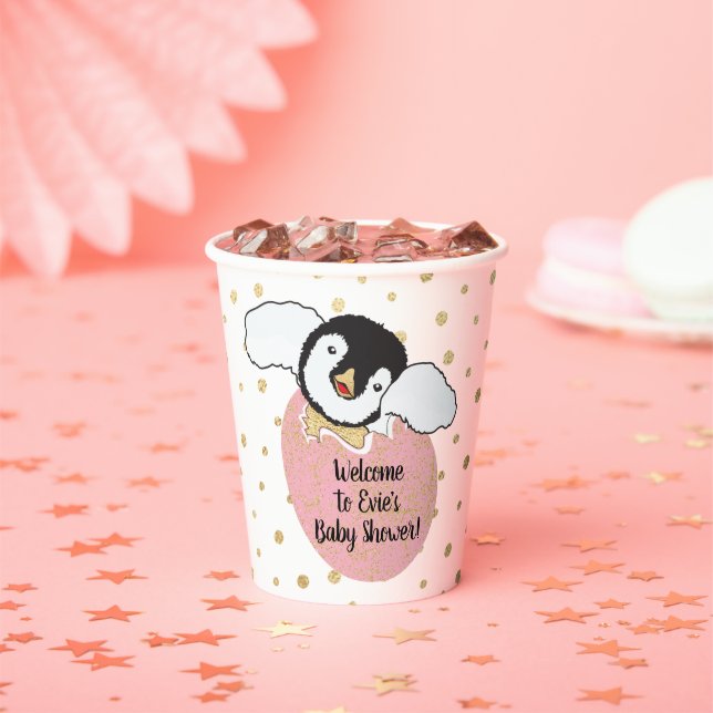 Baby Duschpapier Tassen "Gold/Pink Pinguin" 8 oz. Pappbecher (Insitu)