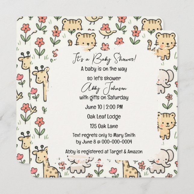 Baby Duschsafari Tiere mit Blume Einladung (Vorne/Hinten)