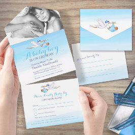 Baby Duschstort Lieferung Aquarellblau Foto All In One Einladung